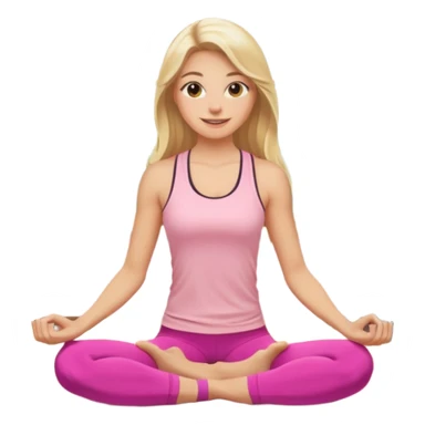 Create a young woman with long blonde hair, golden eyes, and medium-light skin tone, wearing a light pink tank top and leggings. She should be doing home worjout, with a smile sticker