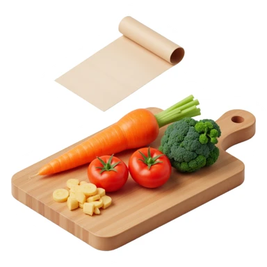 carrot tomato brocoli on the wooden cutting board with floating rolled paper list sticker