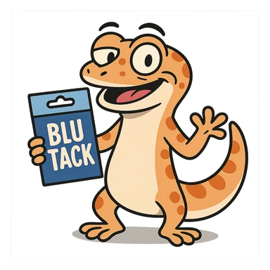 a gecko holding a pack of blu tack, cartoon style, playful sticker