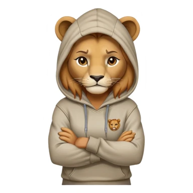 determined anthropomorphised female lion in a hoodie and jeans with arms folded, confident stance sticker