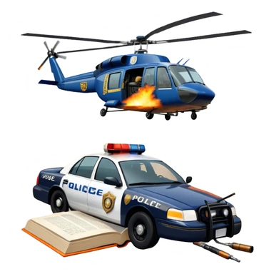 Icon for Action & Crime Reading: an open book with text, from which a police car is driving out along the pages, with explosions behind, a helicopter flying overhead, a gun with ammo and grenades in front. Transparent background. sticker