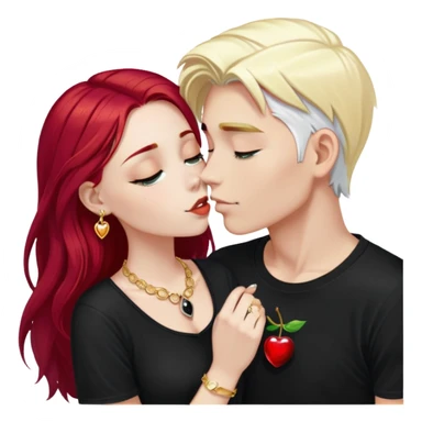 couple kissing, girl with long cherry red hair, blonde eyebrows, gold jewelry, boy with SHORT PURE WHITE hair like snow, dark t-shirt, silver ring with black stone sticker