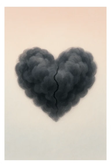 conceptual emoji of a heavy heart made of dark, swirling clouds, slightly cracked, on a minimalist pastel background, abstract, soft gradient style sticker