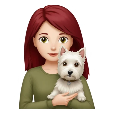 Westie white terrier dog being held by woman with dark red long hair and hazel eye wearing olive green top sticker