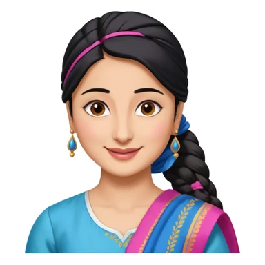 generate a pretty bratz emoji that looks like Kareena Kapoor's Geet character. 
Make her wear a white shirt with a colorful blue-pink dupatta wrapped around her neck. smiling big. Black hair tied into a side part ponytail

She should look exactly  like Kareena Kapoor sticker