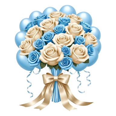 A backdrop of pearlescent ivory silk, draped like flowing water, provides the perfect setting for an exquisite bouquet of snow-white and pale blue roses, bound with a luxurious satin bow in soft beige. The ribbon’s ends curl gracefully, intertwining with delicate strands of pearls resting beside the bouquet. Above, a selection of metallic pearl balloons in warm champagne, opal white, and soft gold drifts effortlessly, their reflections creating a luminous, serene glow that enhances the timeless elegance of the scene. sticker