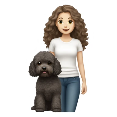 White Girl with brown long hair holding a dark gray maltipoo sticker