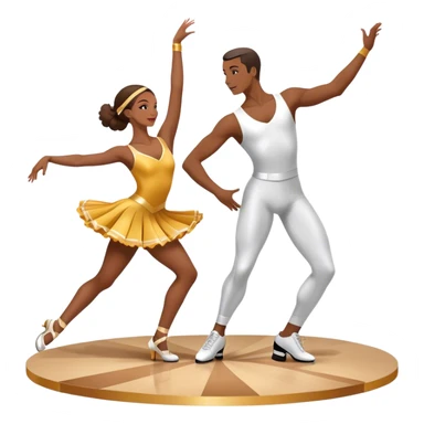 Icon for Sports Dance: a couple performing an energetic synchronized dance in competitive attire, with dance shoes, a rhythmic dance floor, and a competition backdrop. The icon should represent athleticism, technique, and precision. Transparent background. sticker