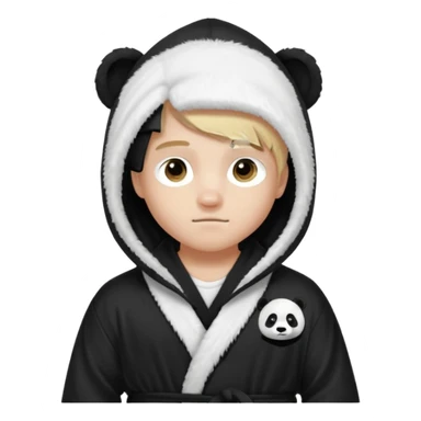 Create a blond boy with long, messy hair, light eyes, a white t-shirt, rich, with long hair, blue eyes, medium-length, voluminous hair, wearing a black Nike bathrobe and a little blush near his nose. and with a panda balaclava, but showing her hair. sticker