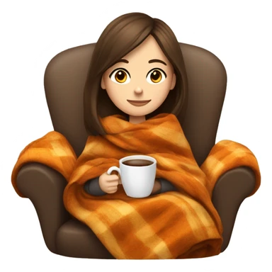 Brunette white girl covered in blanket autumn vibe sitting on a cozy chair holding coffee sticker