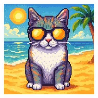 Add a sunny beach background behind the cat wearing sunglasses, in pixel art style. sticker