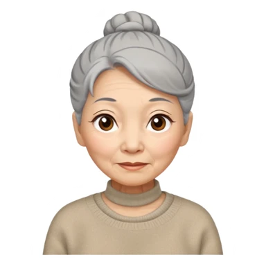 Elderly Chinese woman with gray hair tied in a bun, brown eyes with wise expression lines, wearing a beige wool sweater sticker