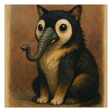 a cat with a penguin's face and an elephant's trunk, unique style sticker