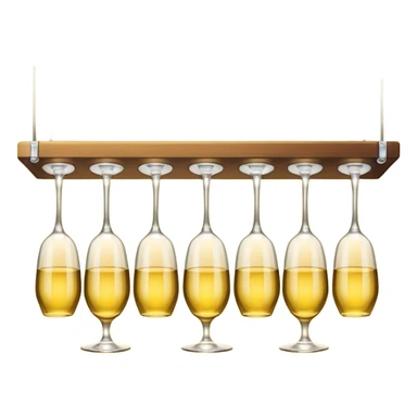 A row of hanging wine glasses upside-down under a yellow light shelf
 sticker