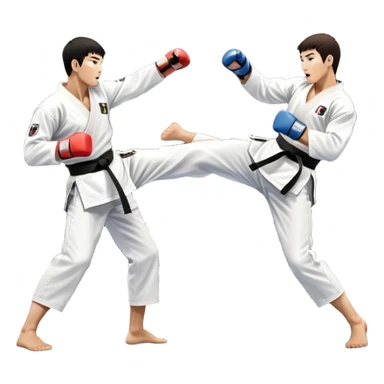 Two taekwondo fighters in traditional white doboks with black belts. One delivers a powerful kick, while the other defends by blocking with his knee. The background shows a professional arena with bright lights and an excited crowd. Transparent background highlights the intense action sticker