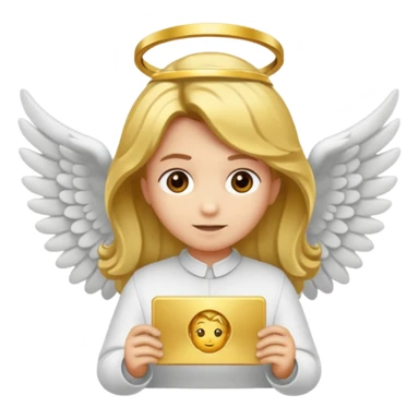"Um emoji de anjo com cabelos loiros, um halo, asas, segurando um sinal de 'compartilhar' em letras em negrito." sticker