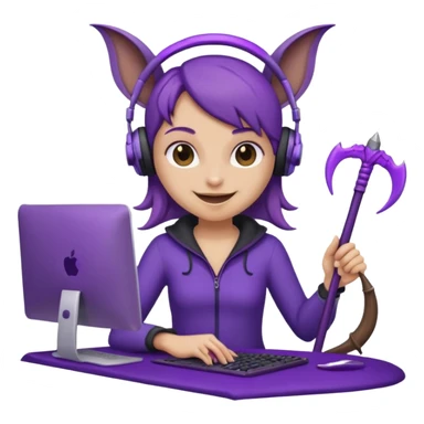 a happy purple girlie bat holding a scythe while sitting in front of her computer sticker