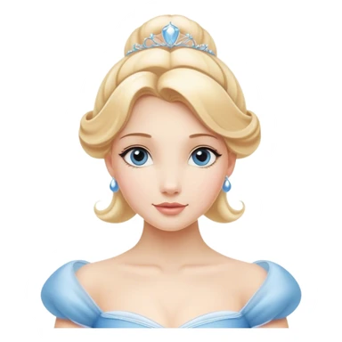 Cinematic Elegant Cinderella Portrait Emoji, rendered in a cinematic, vector-style with minimal shading and bold, simplified shapes. Depict Cinderella in her classic ball gown (chest and above) with fair, porcelain skin and elegantly styled blonde hair, her eyes soft and kind, and her expression serene and graceful. The design glows with a gentle, enchanting radiance and high shine, capturing the timeless beauty of a fairy tale princess. sticker
