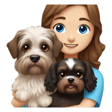 Brown long wavy hair blue eyes girl brown haired boy with blue eyes cuddling a brown dachshund and black fluffy shih tzu sticker