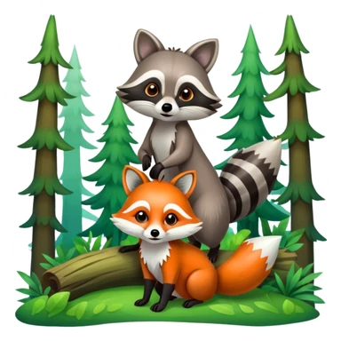 raccoon and a fox in a colorful forest with vibrant green trees, bushes and flowers. The animals are in the foreground, surrounded by a lush, bright forest, with soft sunlight filtering through the leaves. A playful and wild scene with a transparent background. sticker