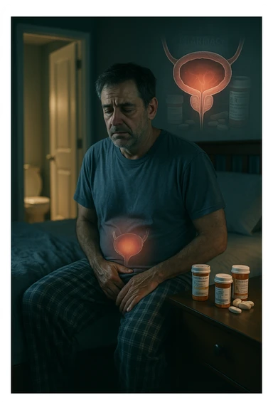 A middle-aged man sits on the edge of his bed in a dimly lit bedroom, looking exhausted and frustrated. On the nightstand beside him are several prescription pill bottles, loosely organized, some open — suggesting long-term medication use. In the background, the bathroom door glows softly, partially open, with a faint reflection of the toilet visible, indicating frequent nighttime trips. The man wears a loose T-shirt and pajama pants, his posture slightly curved as he gently touches his lower abdomen, symbolizing bladder discomfort. His eyes have dark circles, his expression is drained. The color palette is muted blues and greys, with a cinematic soft focus and ambient light highlighting emotional fatigue. A subtle overlay of pill labels and bladder imagery could be added for educational use. sticker