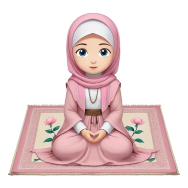 Turkish beautiful finish Konya muslim girl blue eyes with powder pink color flower hijab long tail dress and sits on the pray mat namaz on the ground with dua  sticker