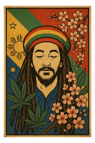 Vintage poster of an Asian Rasta with long dreadlocks, peaceful eyes, and a red-gold-green tam. Surrounded by cherry blossoms and ganja leaves. Background blends Rasta colors into an Asian flag (e.g., red sun from Japan or Chinese star). Retro reggae fusion vibe, with bold lines and aged paper texture. Philippines 
 sticker