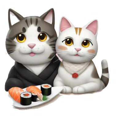 Couple eating sushi sushi sat next to a cat sticker