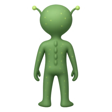 Add more details to this rear view alien in emoji style: visible antennae, subtle back ridges, small glowing spots, and a hint of feet, no background. sticker