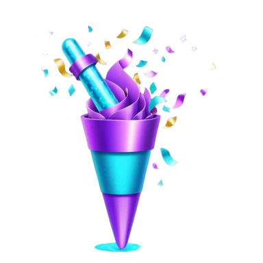 Futuristic glowing confetti popper emoji, holographic purple and cyan colors, emitting confetti and sparkles, dark background, vibrant celebration atmosphere, no face. sticker