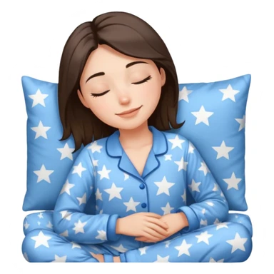 {
      "type": "human",
      "look": "woman in star-print pyjamas, soft blue set, sleepy smile",
      "description": "a woman in soft blue star-print pyjamas smiling sleepily"
    } sticker