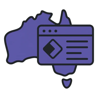 Integrate the official Microsoft Power Pages icon prominently into the map of Australia with digital web page overlay, use #403DAD as the main color, keep the modern and techy look, no text sticker