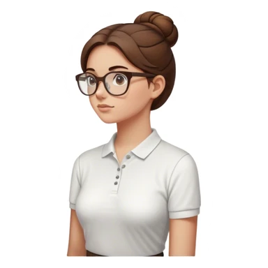 girl side view in a museum white polo brown hair in a bun with white glasses sticker