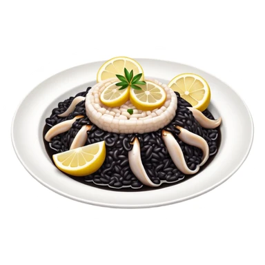cinematic-realistic-black-risotto-dish,-showcasing-lagre squid pieces-rendered-with-bold-textures-and-dynamic,-dramatic-lighting in a white plate with a single slice of grilled lemon on top sticker