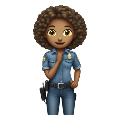 girl in denim by car with police badge on belt sticker