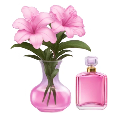 Aesthetic ensemble of soft pink azaleas alongside a charming vintage purple perfume bottle.
 sticker