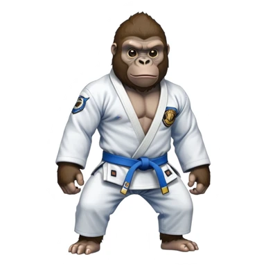 Gorilla in a jiu jitsu gi with a blue belt sticker