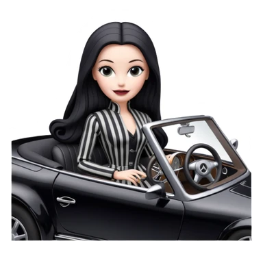 Darth Vader Barbie, 1910 teen Morticia Addams from academy, in dark-gray and black striped outfit. Smiling Driving Mercedes convertible sports car. Pale-white porcelain skin.  sticker