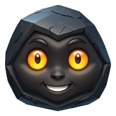 Single black obsidian rock character, thick and heavy with sharp facets and subtle reflections, carved cute face with glowing round eyes and a small smile, 3D render, high detail, soft backlighting, isolated on a plain dark background. sticker