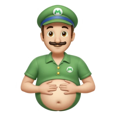 Luigi from Mario, pregnant, hands on belly, cheerful, Discord emoji style sticker