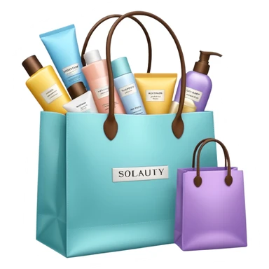 Gift bag with beauty products (shampoo, creams, styling products), a gift bag is beautyful open box full of luxury brand-labeled beauty products sticker