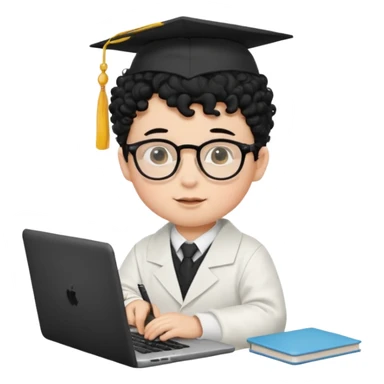 A baby boy DEVELOPER WITH A laptop, black curly hair and topknot, wearing glasses and a mortarboard sticker