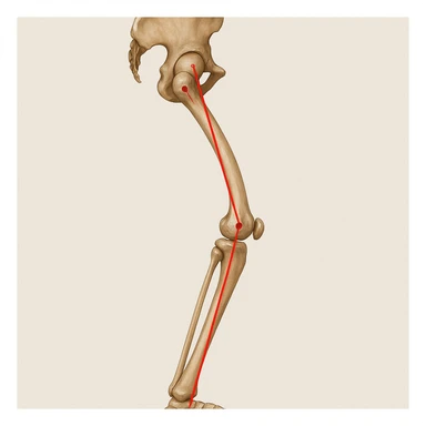 Hyperrealistic anatomical illustration 4K, rear view, 1:1 proportion, valgus knee seen from the side, pelvis bones, femur, tibia, and fibula clearly highlighted, red mechanical axis line, realistic details, medical style, neutral background. sticker