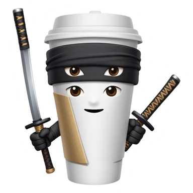A paper coffee cup with arms and eyes, wearing a black ninja headband and wielding a samurai katana sticker
