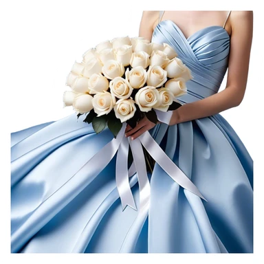 Against a soft, misty blue satin backdrop, a luxurious bouquet of powder blue and ivory roses is elegantly tied with a wide, flowing pearl-white silk ribbon that cascades gently onto the surface. Floating gracefully above the bouquet, a cluster of metallic pearl balloons in shades of silver-blue and soft champagne reflects the ambient light, casting a delicate shimmer. A few loose rose petals rest on the fabric, adding to the dreamy, romantic atmosphere. sticker