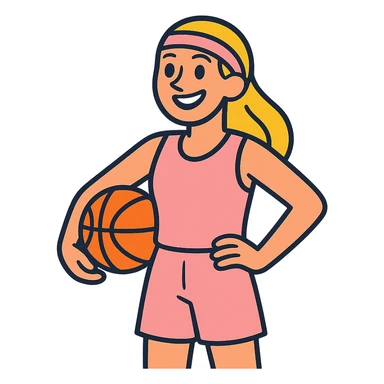 blonde white female basketball player wearing pastel pink basketball uniform holding orange basketball on hip smiling vibrant toon style no text sticker