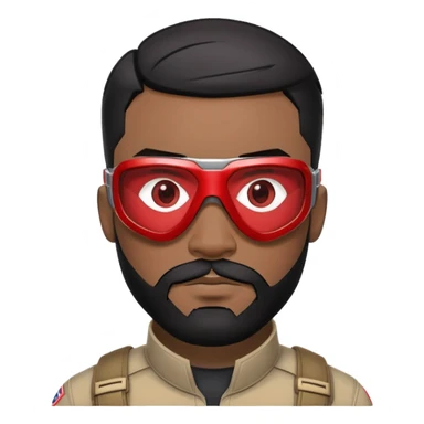 sam wilson with  short, neatly cropped black hair and a well-groomed beard that connects to his mustache,  wear sleek, red-tinted tactical goggles fit snugly from captain america: civil war sticker