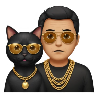 Freaky Larry is a cat with a gold chain and sunglasses standing behind a scared man with no facial hair. Make sure the cat is black sticker