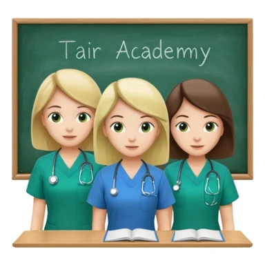 3 different nurses, wearing green and blue work clothes, in a classroom, "Academy" written in white on board sticker