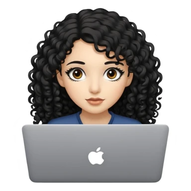 a girl typing mac book air with long black curly hair and brown eyes with winged black eyeliner sticker